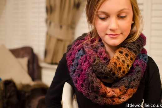 A crocheted infinity scarf.